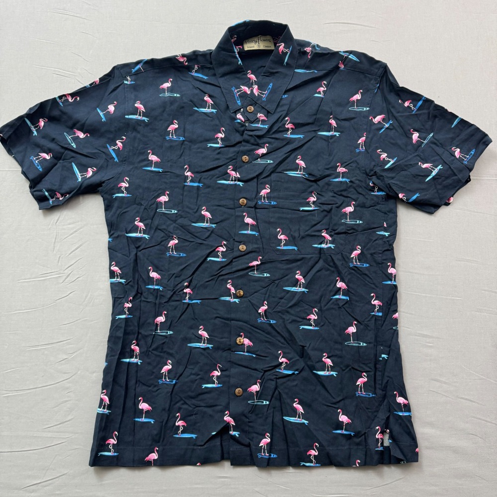 Kenny Flowers Mens Small Flamingo Surfboard Navy Blue Button Down Shirt Island